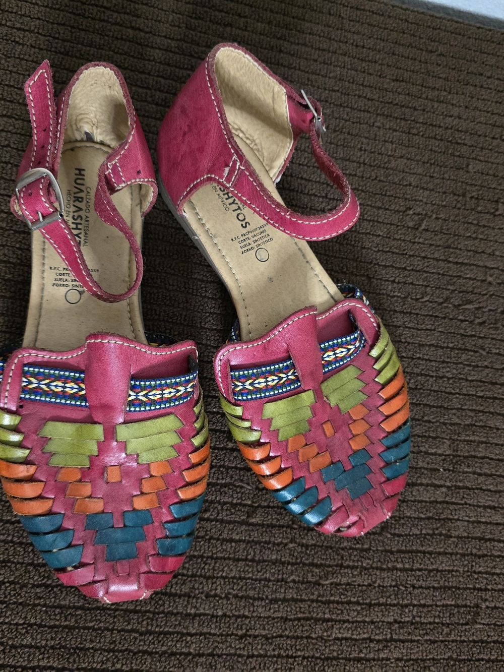Women’s Pink Multicolor Woven Leather Ankle-Strap Sandals